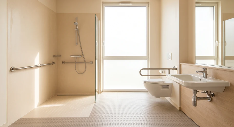 Salle de bain accessible avec douche plain-pied équipée d'une barre d'appui murale horizontale en acier inoxydable, WC surélevé avec barre de maintien, vasque murale à bonne hauteur pour fauteuil roulant, revêtement antidérapant au sol, éclairage moderne. La scène montre une pièce fonctionnelle et sécurisée, clairement adaptée aux personnes à mobilité réduite.