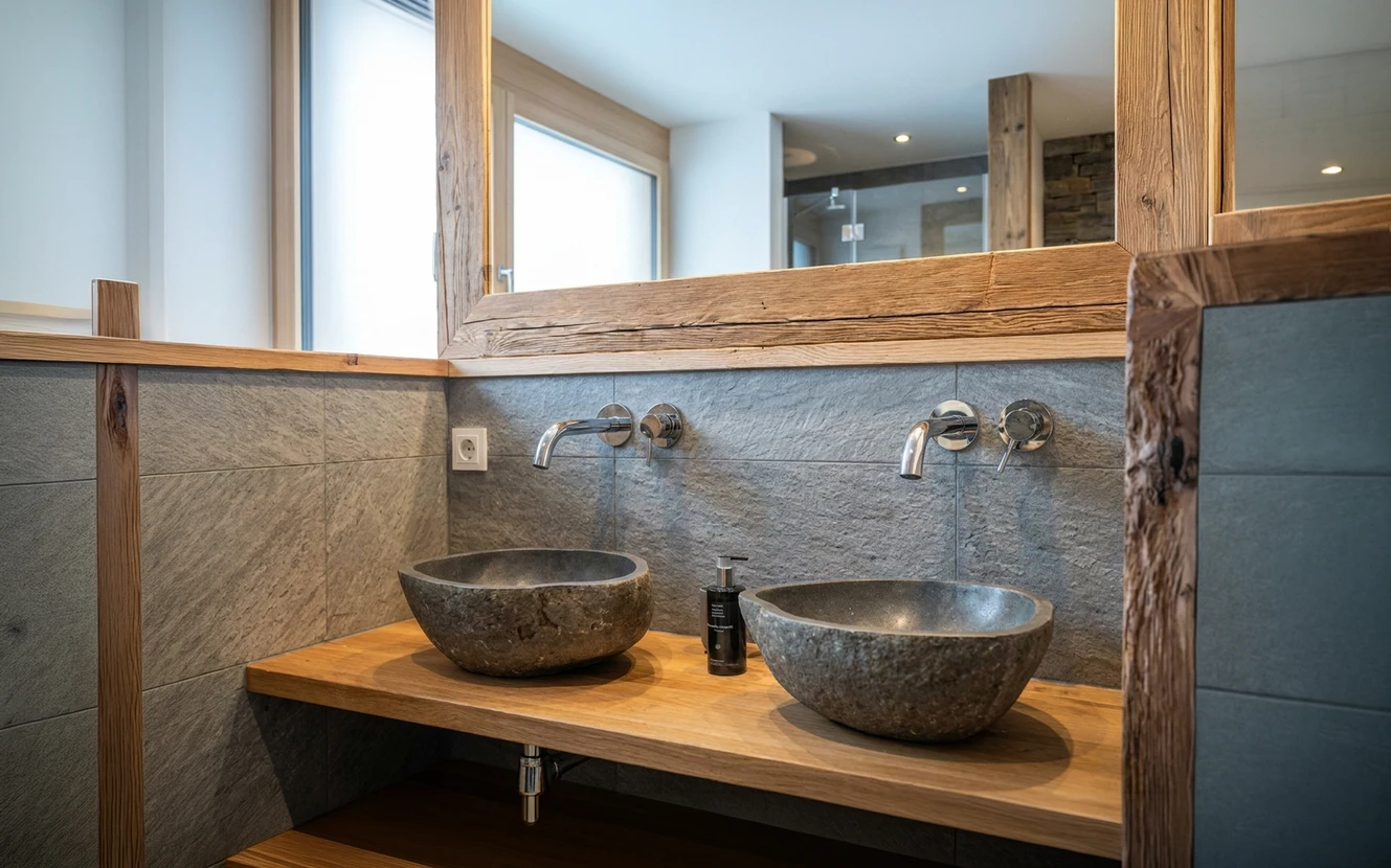 Salle de bain haut de gamme avec double vasques en pierre naturelle taillée posées sur plan de travail en bois massif chêne