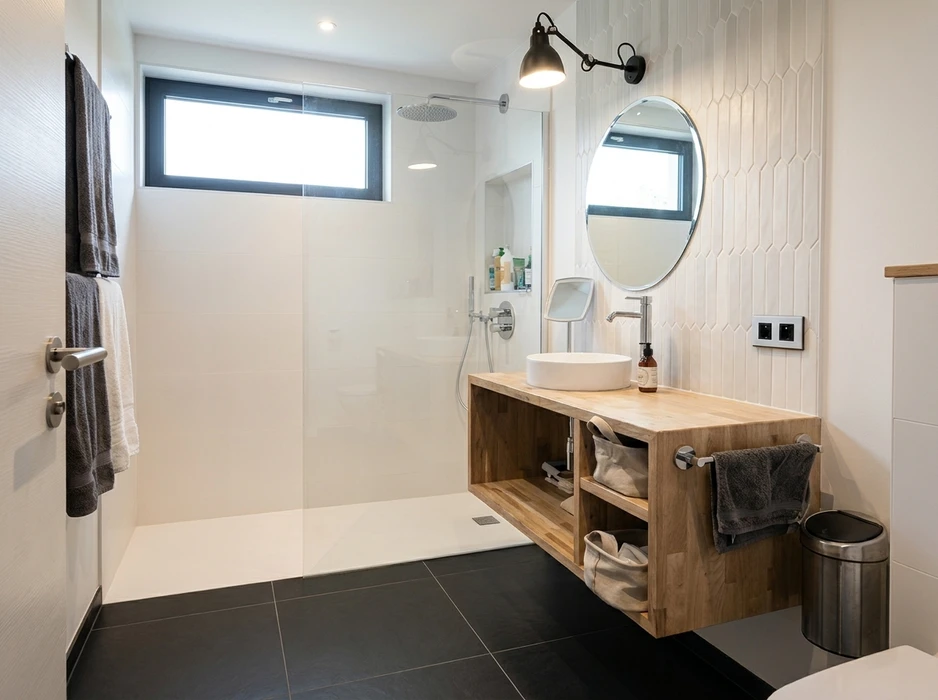 Salle de bain moderne avec douche à l'italienne carrelée blanc, vasque à poser ronde sur meuble en bois massif type chêne, miroir rond, robinetterie chromée, pommeau de douche encastré