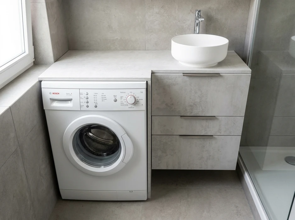 Salle de bain moderne avec lave-linge encastré sous plan de travail effet béton