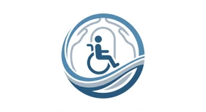 Logo ou pictogramme professionnel pour la certification "Artisans Accessibles" - représentant un symbole d'accessibilité (personne en fauteuil roulant, symbole PMR, ou personne franchissant une rampe d'accès) associé à des éléments évoquant l'accueil et l'inclusivité, sur fond blanc ou neutre, style vectoriel épuré et moderne, cohérent avec les autres certifications affichées.