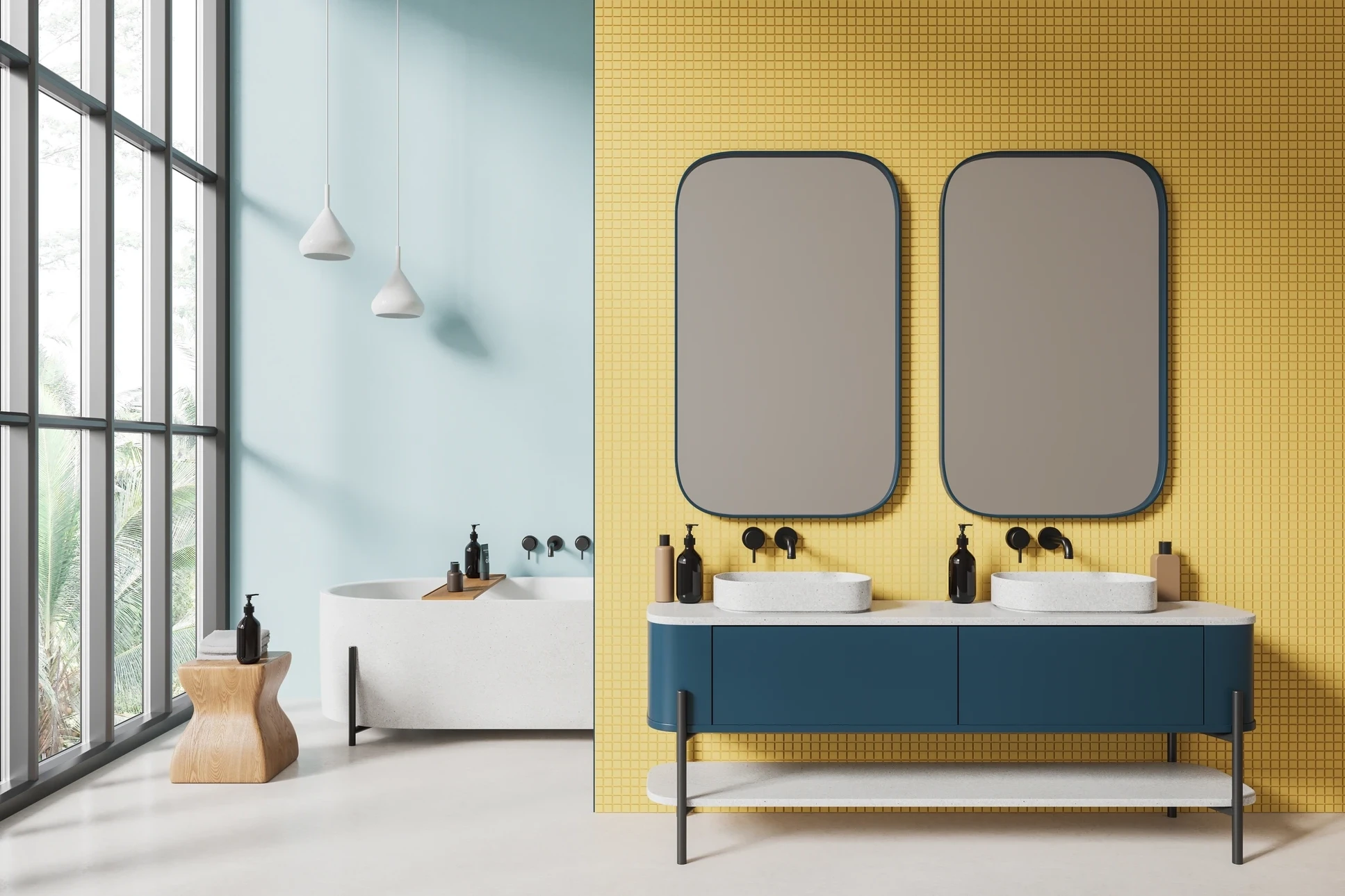 Une personne en chemise rayée mesure avec une règle métallique graduée l'espace entre un lavabo moderne blanc et un mur dans une salle de bain contemporaine aux tons beiges