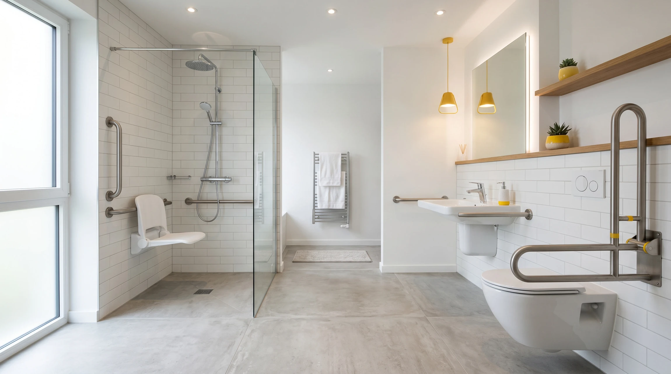 Salle de bain moderne avec douche à l'italienne accessible PMR, murs carrelage blanc métro, sol carreaux de ciment motifs géométriques