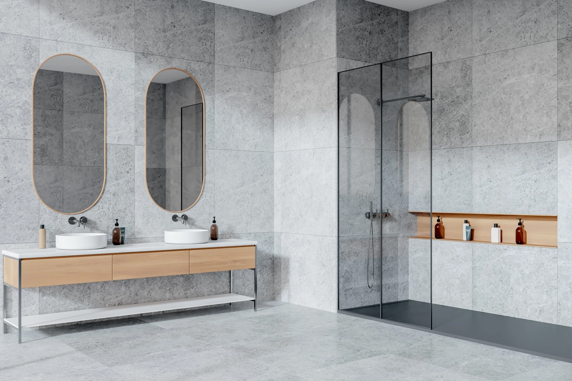 Salle de bain moderne avec douche à l'italienne en fonctionnement, meuble vasque suspendu, toilettes murales et sèche-serviettes