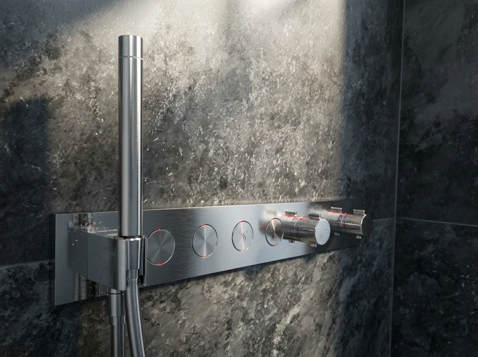 Intérieur de cuisine ou salle de bain avec robinet chromé qui goutte